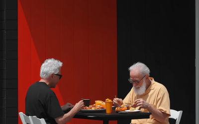 Two men enjoying a casual outdoor meal at a table, surrounded by vibrant red and black walls, reflecting community connection and fellowship.